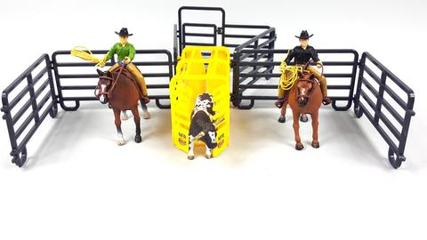 This image is of our Roper Set. The Roper Set includes two horses with roping cowboys, a PRCA roping chute, a roping steer, and a set of our 7 piece panels. This is a perfect set for any young roper.
